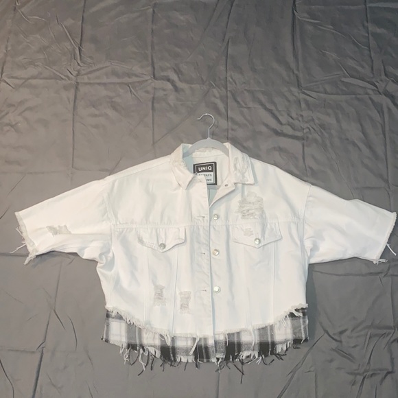 White Denim/ Flannel Cropped-like cover up - Picture 1 of 4